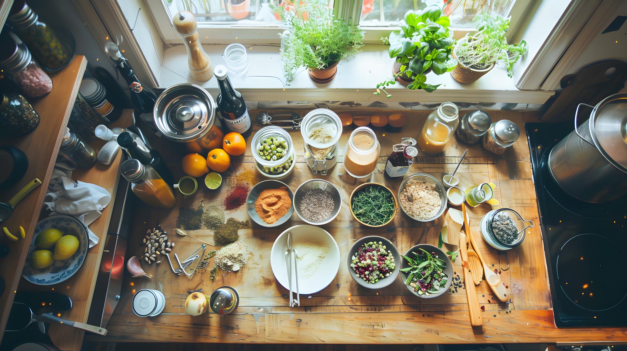 Interno del laboratorio di cucina con pentole e spezie